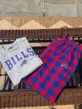 NFL Gray Long-Sleeve Bills Crewneck Shirt and Checkered Pant NFL Sleep Apparel